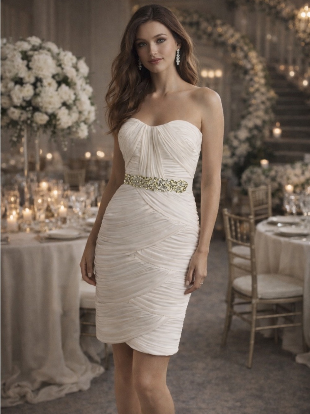 Cache Ivory Strapless Bodycon Dress w/ Crystal Embellished Waist | Size 2